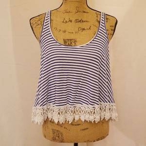 Meronie blue white lace trim swing tank top O219